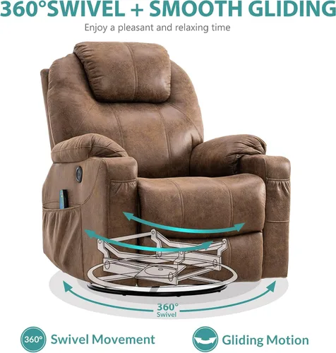Vista 3 de MEETWARM Silla reclinable giratoria de masaje ergonómica con calor, silla reclinable mecedora manual mecedora giratoria de 360° con 4