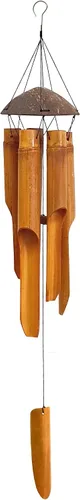 Vista 3 de Campanas de viento hechas a mano, 5 tubos de campana de bambú, parte superior de madera de coco, campanillas de madera de tono bajo y profundo