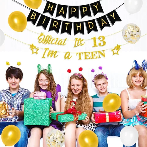 Vista 4 de Decoraciones de cumpleaños número 13 para niños y niñas, suministros de fiesta de cumpleaños número 13 negro dorado con pancarta colgante en espiral