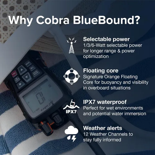 Vista 2 de Cobra BlueBound 350 VHF - Radio marina portátil, color negro, 6 vatios