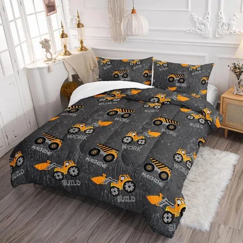 Vista 3 de Juego de edredón de camión de construcción para niños varones, niños, maquinaria excavadoras vehículos tractor juego de ropa de cama con 1 edredón