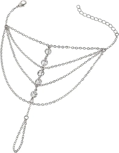 Vista 9 de Suyi Pulsera de anillo de dedo, arnés de mano, pulsera de cadena de diamantes de imitación, regalos para mujeres 2 piezas oro