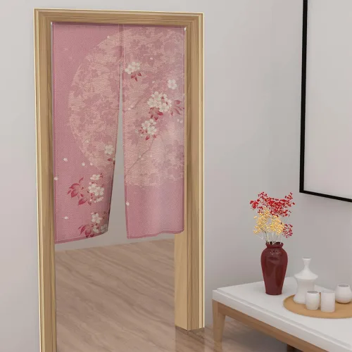 Vista 5 de Leowefowa Noren - Cortina de puerta de estilo japonés, estampado de flores rosadas, luna, cortina de puerta, tratamiento de ventana, tapiz