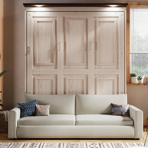 Vista 22 de Cama Murphy de Pared Tamaño Queen con Escritorio en Forma de L, Sofá de 2 Asientos y Luz, Marco de Cama Murphy Tradicional de Madera Maciza