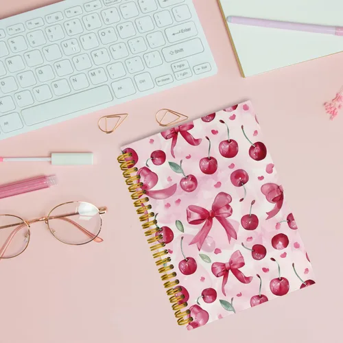 Vista 4 de Cuadernos de diario con lazos rosas de moda y cerezo, cuaderno en espiral preppy, lindo cuaderno de diario para niñas, suministros de oficina rosas