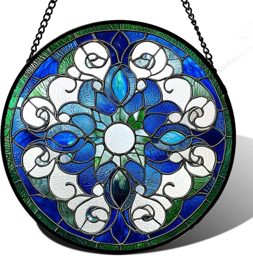 Vista 28 de DASTOLL Conjunto de 4 Piezas de Vidriera Manchada para Colgar en Ventanas Azul Océano con Árbol de Coco 16 cm - Atrapasoles para Puerta, Jardín