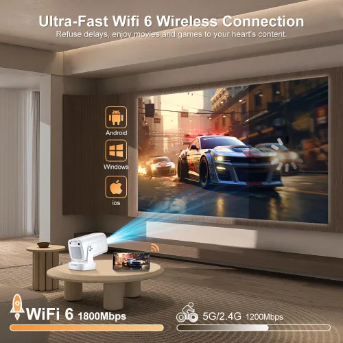 Vista 7 de Mini proyector Wifi Bluetooth, enfoque automático, nativo 1080P, soporte 4K Negro-blanco