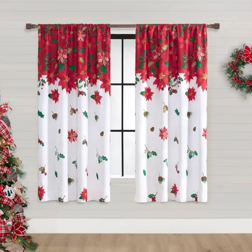 Vista 10 de SHINELAND Cortinas de cocina de Navidad, flor de pascua roja, cortina térmica corta para ventanas pequeñas, cortinas de Navidad para cocina, 45
