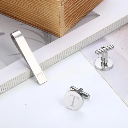Vista 51 de LOYALLOOK - Gemelos de acero inoxidable grabados con inicial y clip de corbata, diseño de letras del alfabeto con caja de regalo, A-Z