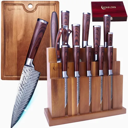 Vista 9 de Juego de cuchillos profesionales de acero inoxidable de 15 piezas con bloque de madera, juego de cuchillos de damasco para chefs, familia