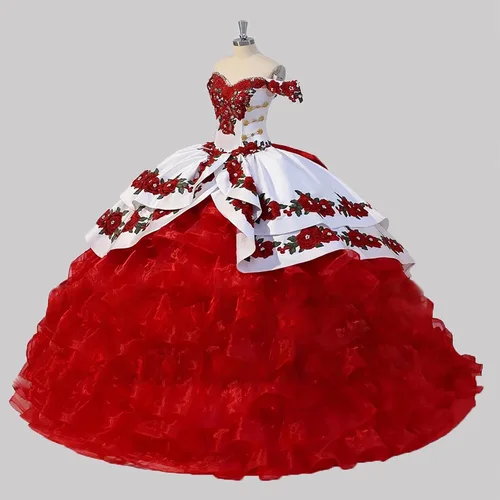 Vista 5 de Vingate Floral Flowers Emroidery Vestidos de quinceañera con volantes vestido de baile dulce 16 vestidos de fiesta de graduación