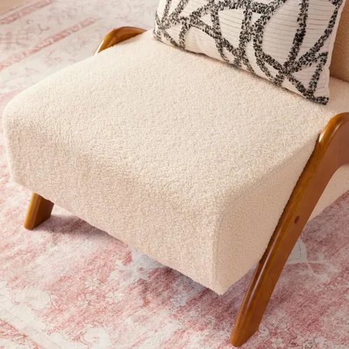 Vista 4 de Silla decorativa de gran tamaño, tapizada sin brazos de mediados de siglo, moderna silla de sala de estar con patas de madera para dormitorio Beige
