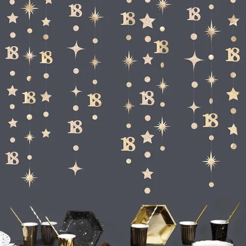 Vista 15 de Decoración de cumpleaños número 18 en negro, número 18 con punto circular, guirnalda de estrellas centelleantes, banderines de serpentina metálica