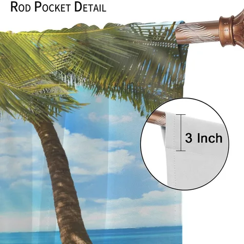 Vista 6 de Cortinas de playa con estampado de plantas tropicales y árboles de coco, paisaje natural, con bolsillo para barra, 2 paneles, decoración