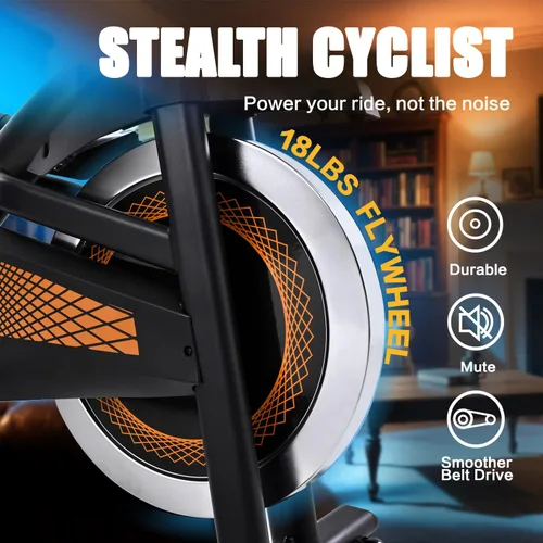 Vista 3 de Bicicleta estática para interiores con Bluetooth, bicicleta de ciclismo para gimnasio en casa, capacidad de peso de 300 libras, asiento 2-Naranja