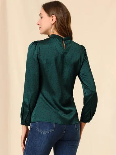 Vista 5 de Allegra K Blusa de satén de manga larga abombada con volantes y cuello torcido para mujer