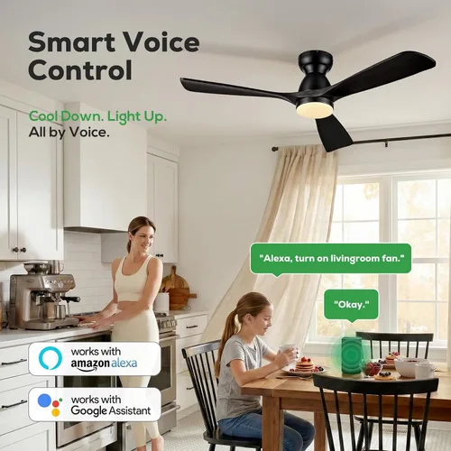 Vista 2 de Ventiladores de techo inteligentes de 52 pulgadas con luces, ventilador de techo de madera de perfil bajo para exteriores, motor de CC silencioso