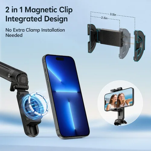 Vista 2 de Mini Palo Magnético para Selfie para iPhone, Trípode Portátil 4 en 1 de Tamaño de Bolsillo para iPhone MagSafe/Android con Control Remoto/Soportes