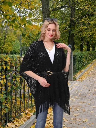 Vista 4 de Chal de punto para mujer – Soul Young Ladies Fringe Punto Poncho Manta Cardigan Capa (2 piezas), Negro, rojo, blanco, gris, caqui, baya, azul