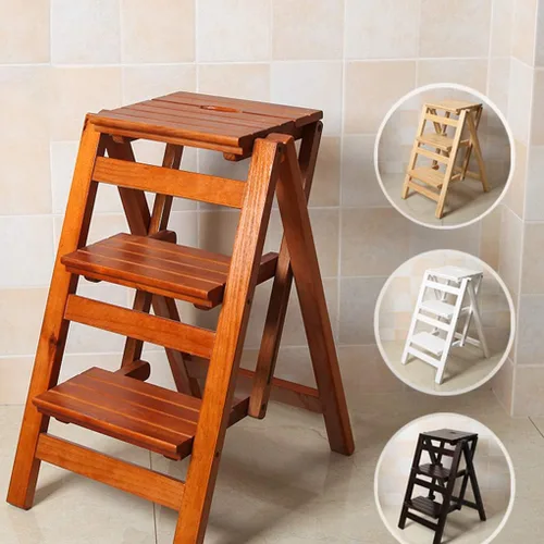 Vista 7 de Escalera plegable multifuncional, plegable de madera maciza, taburete para el hogar, multicolor, escalera plegable, color blanco, tres