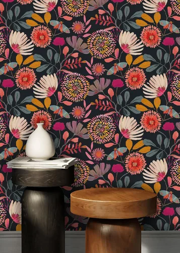 Vista 5 de Papel tapiz floral para despegar y pegar, extraíble, impermeable, azul marino/rosa/naranja, papel de contacto para dormitorio, baño, pared