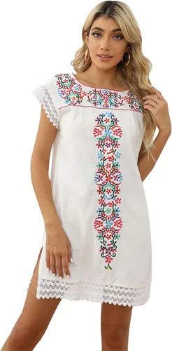 Vista 2 de Vestidos casuales de verano para mujer, vestido mexicano, campesino, midsommar, bordado, tradicional, con volantes, salida de playa, color negro