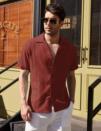 Vista 2 de COOFANDY Camisa de guayabera cubana de lino de manga corta con botones para hombre