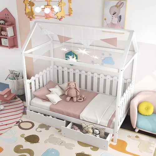 Vista 26 de Cama de madera maciza tamaño individual con techo, nido, 3 cajones de almacenamiento, sofá cama de plataforma para muebles de dormitorio, sala