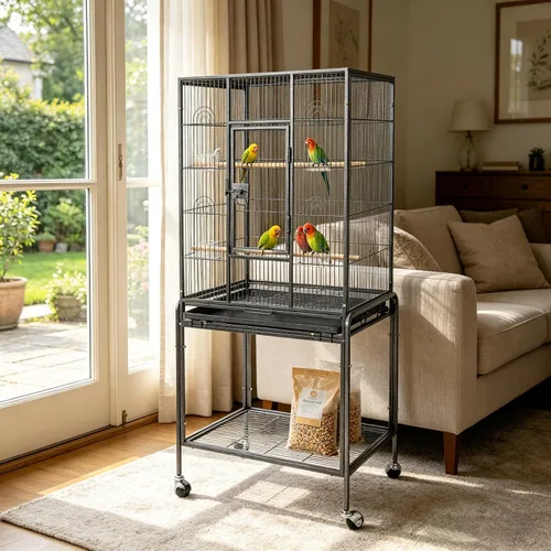Vista 2 de Jaula grande de hierro forjado de 53 pulgadas con soporte rodante, jaulas para pájaros para cacatúas, color gris africano, agapornis, pinzón canario