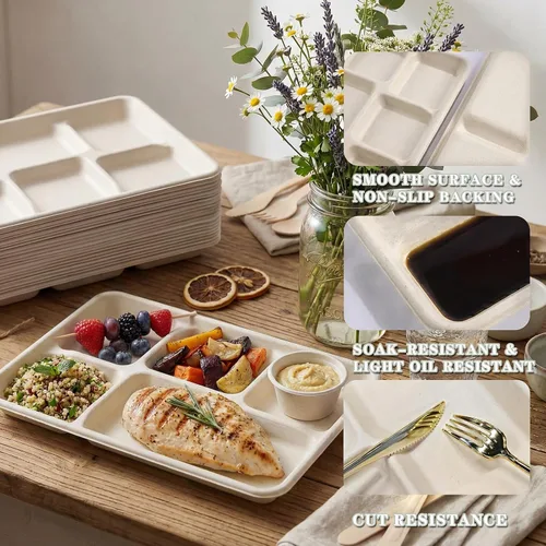 Vista 6 de SUT Paquete de 100 platos compostables naturales sin blanquear con 5 compartimentos, bandejas de papel desechables de 12.5 x 8.6 pulgadas, platos