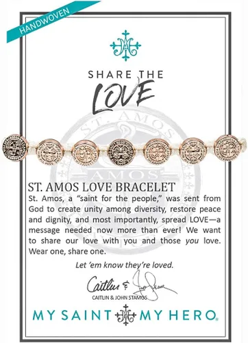 Vista 2 de My Saint My Hero Pulsera St. Amos Share The Love - Medallas en tono oro rosa en cordón blanco