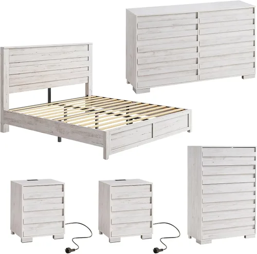 Vista 11 de Juego de 5 piezas para dormitorio de granja, incluye marco de cama tamaño Queen con cabecera alta, cómoda rústica de 6 cajones, cómoda alta de 5