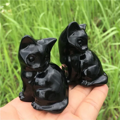 Vista 5 de Figura de gato de obsidiana negra de 2.2 pulgadas, diseño de gato negro, decoración del hogar, piedra natural, estatua de animal, cristales