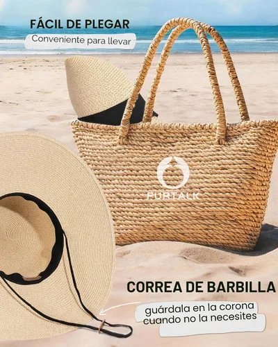 Vista 4 de FURTALK Sombrero de paja para mujer, ala ancha, UPF 80, sombrero de verano, plegable, plegable, flexible, para playa Beige