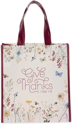 Vista 11 de Christian Art Gifts Bolsa de compras reutilizable floral Bumble Bee Versículo bíblico de fe, multicolor, Romanos 5:1, fácil de sostener, bolso Verde