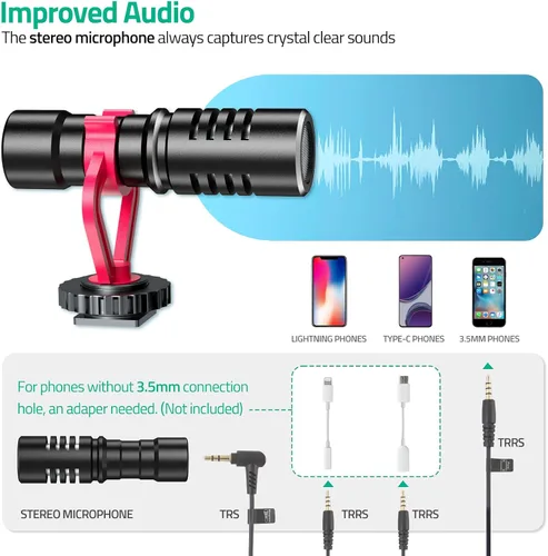 Vista 5 de Kit de videoblogs para teléfono inteligente con luz LED, soporte para teléfono, micrófono, trípode, bolsa de transporte, kit de inicio de YouTube
