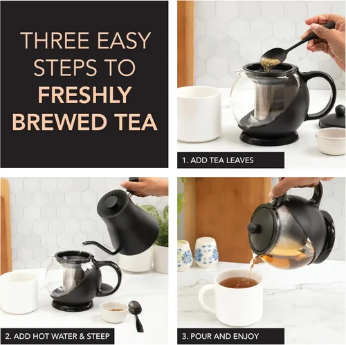 Vista 3 de Farberware Tetera de vidrio, infusor de té de hojas sueltas, tetera de acero inoxidable 18/8, sin BPA, capacidad de 5 tazas
