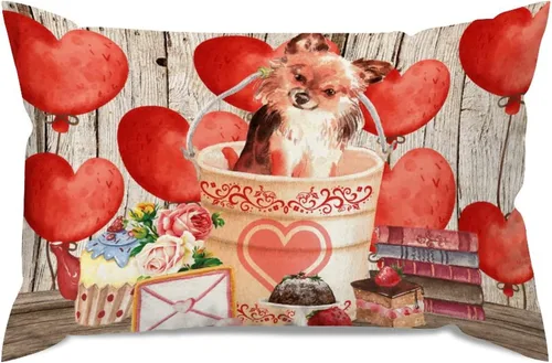 Vista 18 de Fundas de almohada lumbar con textura de madera rústica para perro en cubo, diseño de corazón rojo para el día de San Valentín, fundas de almohada