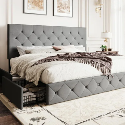 Vista 27 de SHA CERLIN Base de cama de plataforma tamaño matrimonial tapizada con 4 cajones de almacenamiento, cabecero ajustable con diseño cosido en cuadrados