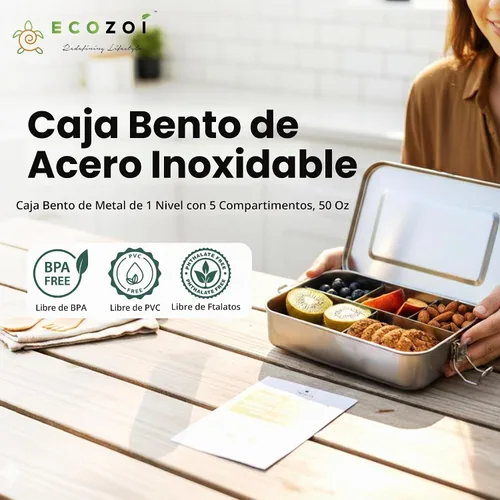 Vista 2 de ecozoi - Lonchera Bento de acero inoxidable con 5 compartimentos para adultos y niños, recipiente de metal a prueba de fugas de 50 onzas con taza
