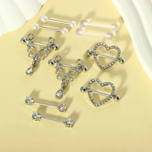 Vista 2 de TIANCI FBYJS 5-7 pares de anillos de pezón de acero inoxidable para la lengua, piercing para el cuerpo, joyería con barra de circonita cúbica