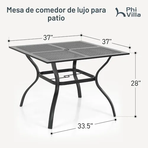 Vista 2 de PHI VILLA - Mesa de comedor al aire libre de 37 pulgadas, mesa de patio con malla de acero de metal, mesa de comedor con orificio para paraguas