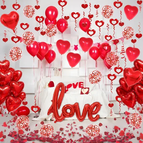 Vista 4 de Fecedy Globo de papel de aluminio en forma de amor y corazón, globos de látex redondos y en forma de corazón, globo de confeti, pétalos falsos