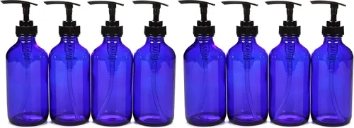 Vista 5 de Vivaplex Botellas grandes de vidrio azul cobalto de 8 onzas con bombas de loción negra, paquete de 4