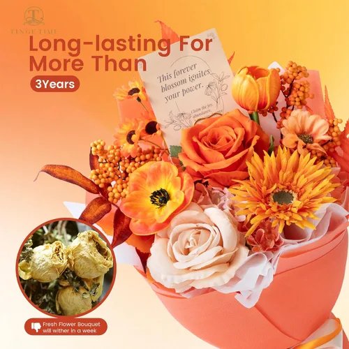 Vista 5 de Ramo de flores preservadas de color naranja, ramo de regalo para mujeres, regalo de flores falsas eternas para Navidad, aniversario, cumpleaños