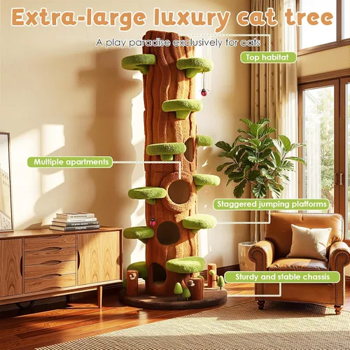 Vista 5 de NUNU LAB Árbol para gatos de 90.5 pulgadas de alto – Torre grande de árbol mágico para gatos con postes rascadores de sisal, escondite lateral