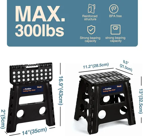 Vista 2 de Flottian Taburete plegable de 13 pulgadas para adultos y niños con capacidad para hasta 300 libras, taburetes plegables antideslizantes con asa