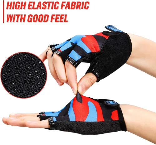 Vista 4 de 8 pares de guantes de medio dedo para niños, guantes de bicicleta sin dedos, transpirables, guantes cortos para niños, guantes antideslizantes