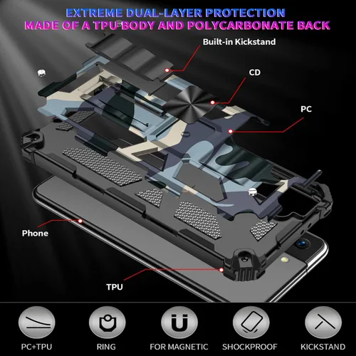 Vista 5 de Funda compatible con Samsung Galaxy S20 FE, resistente estilo militar, PC+TPU a prueba de golpes, camuflaje con soporte y soporte de metal
