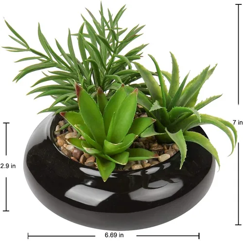 Vista 2 de Hollyone Plantas suculentas artificiales grandes en macetas, plantas suculentas falsas en macetas con maceta de cerámica negra para decoración